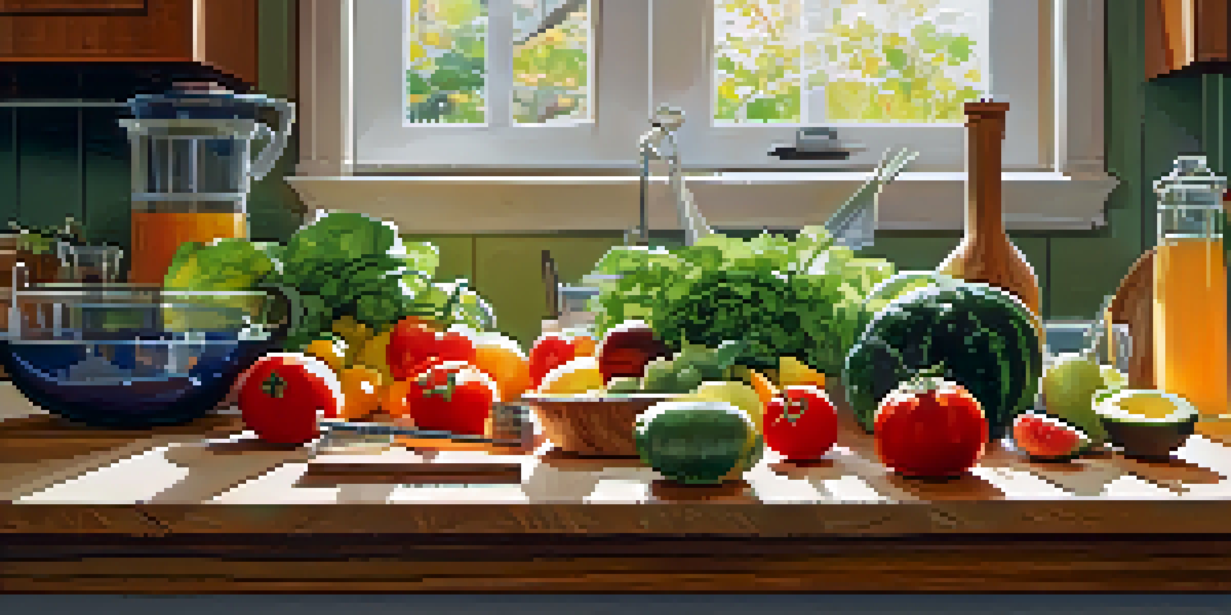 A sunny kitchen filled with fresh organic produce on a wooden cutting board, including greens, tomatoes, and fruits, with a blender and knives in the background.