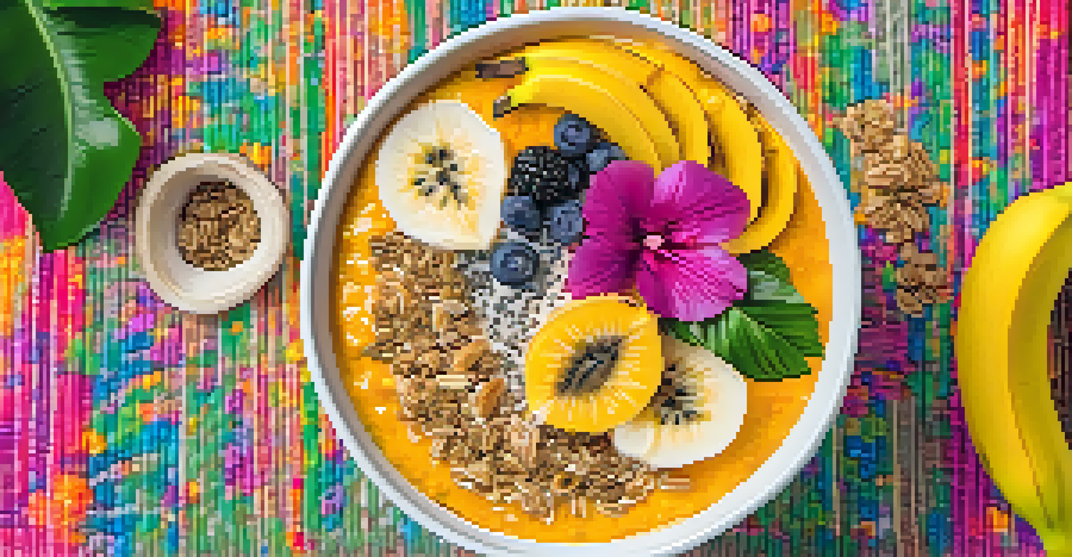 A close-up view of a tropical smoothie bowl topped with bananas, passion fruit, shredded coconut, chia seeds, and granola, surrounded by tropical leaves and flowers.
