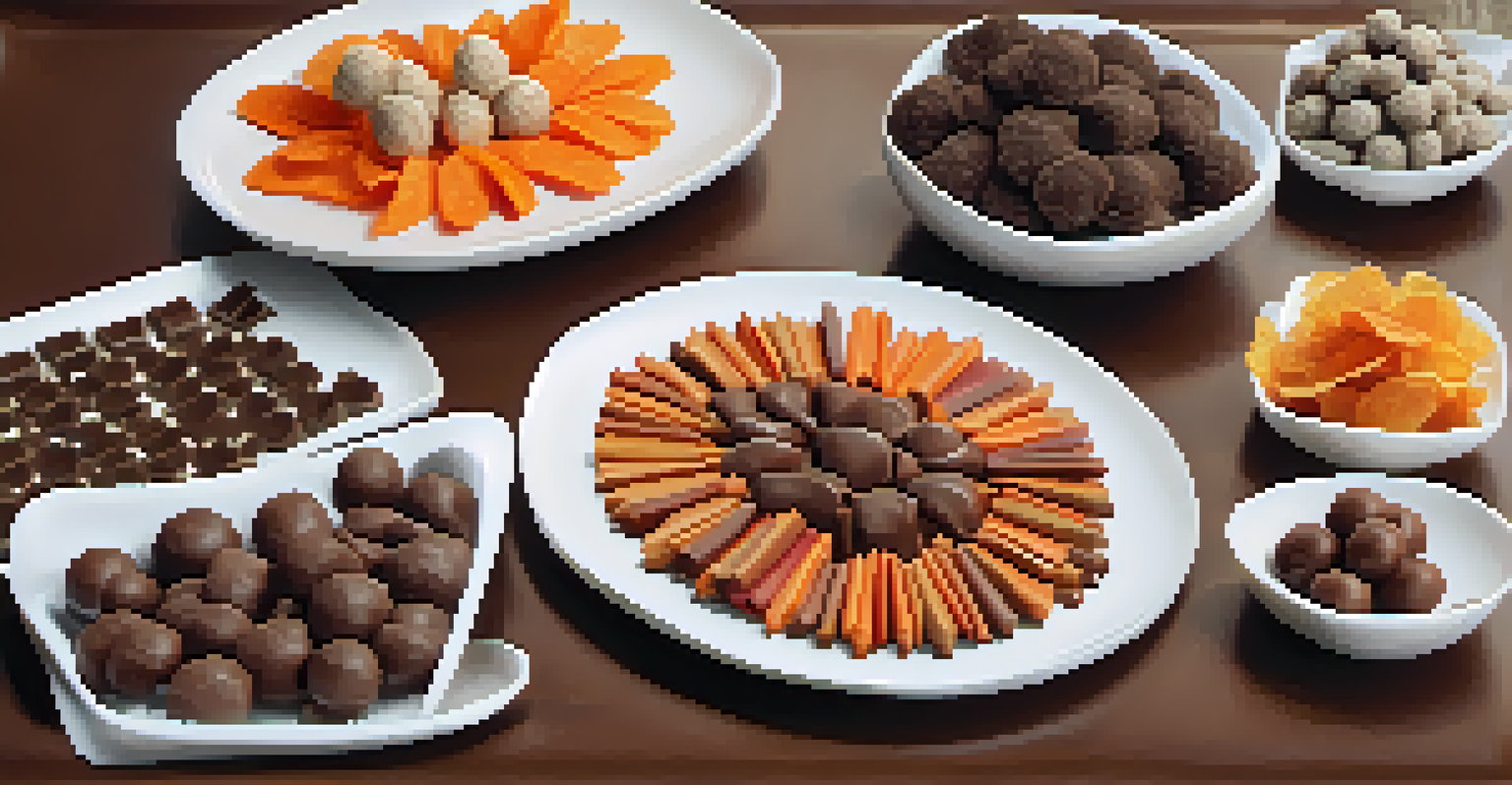 A variety of raw food snacks including chocolate bars and veggie chips on a wooden table, highlighted by bright lighting.