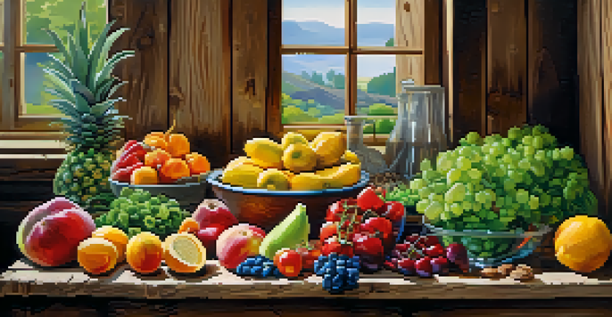 A colorful arrangement of fresh fruits, vegetables, nuts, and seeds on a wooden table, illuminated by soft natural light.