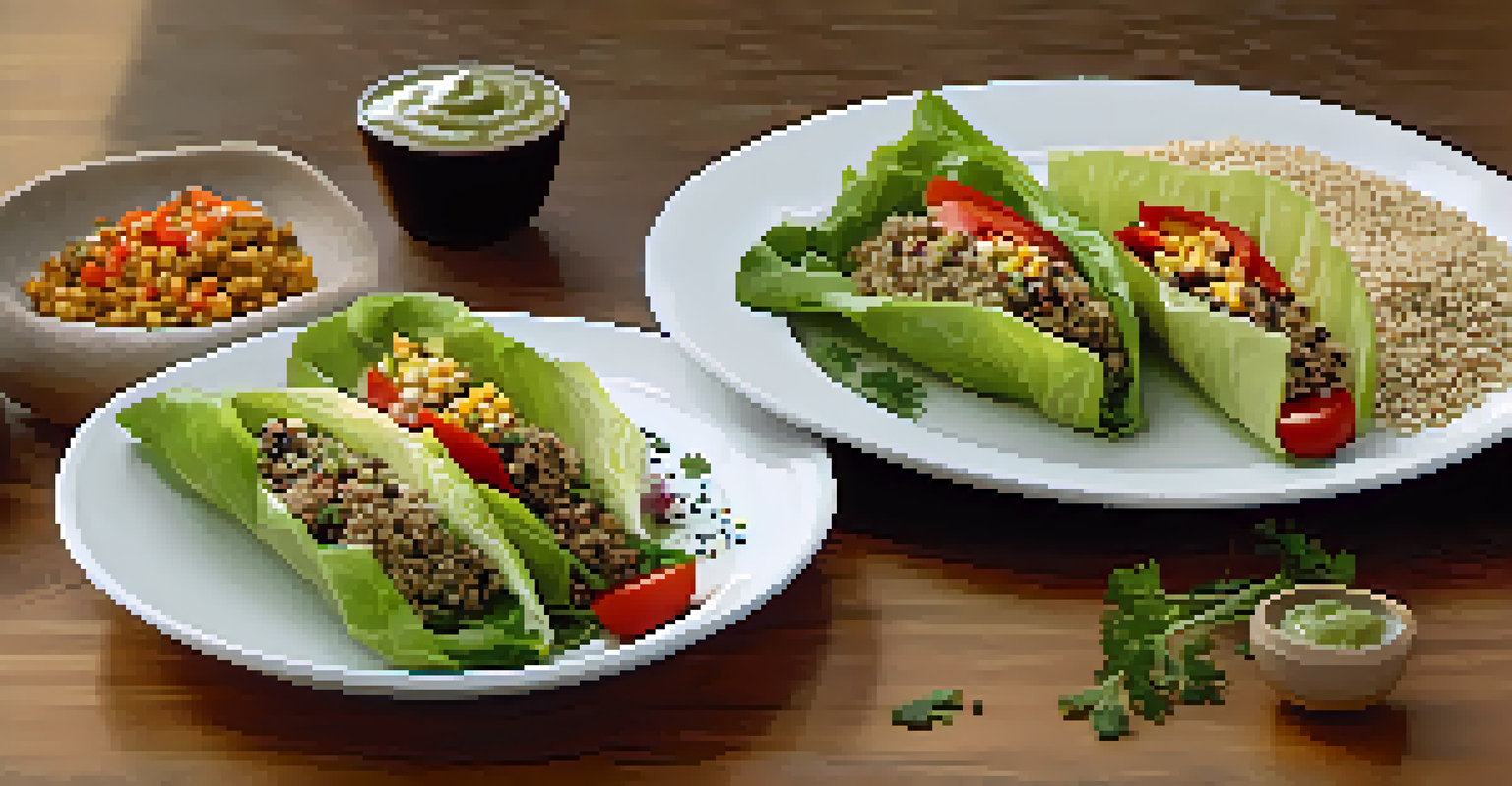 A plate of lettuce wraps filled with grilled vegetables, quinoa, and hummus, garnished with herbs, set on a wooden table with soft lighting.