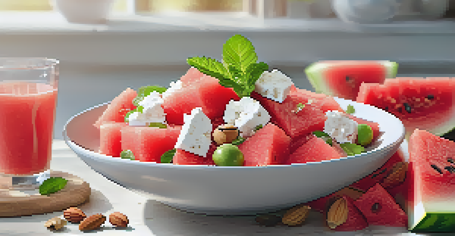 A close-up of a watermelon salad with mint and feta cheese, surrounded by fresh fruits and nuts in a sunlit kitchen.