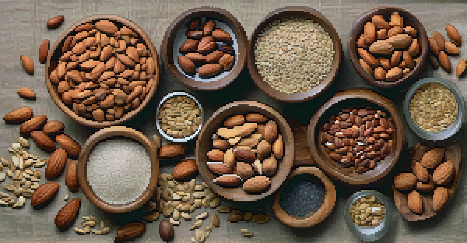 An arrangement of wooden bowls filled with different nuts and seeds, with almonds, walnuts, chia seeds, and flaxseeds, on a linen cloth.