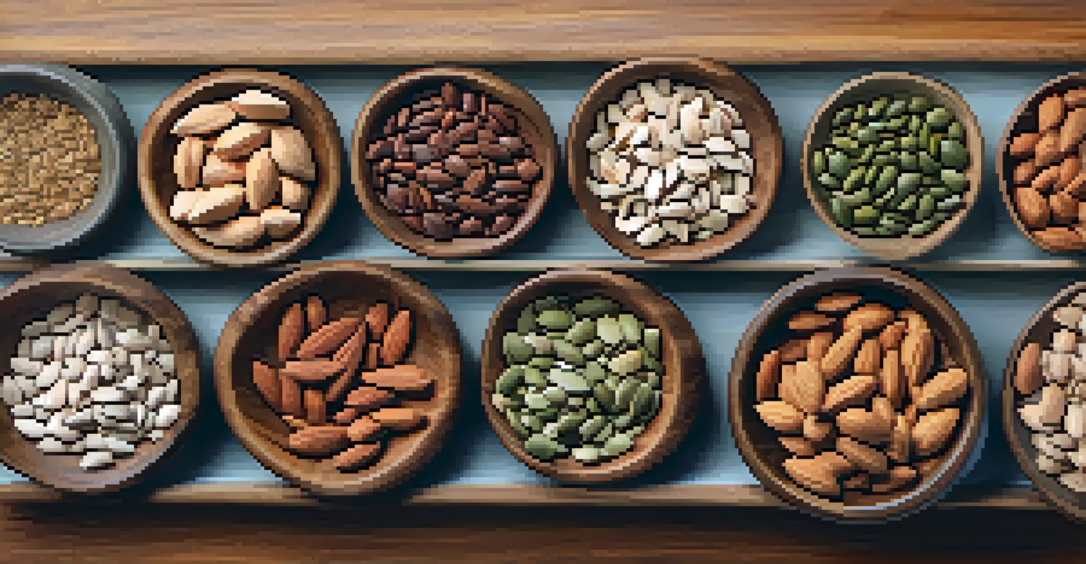 An overhead view of a wooden platter with bowls of raw nuts and seeds, including almonds, sunflower seeds, and pumpkin seeds, arranged attractively.
