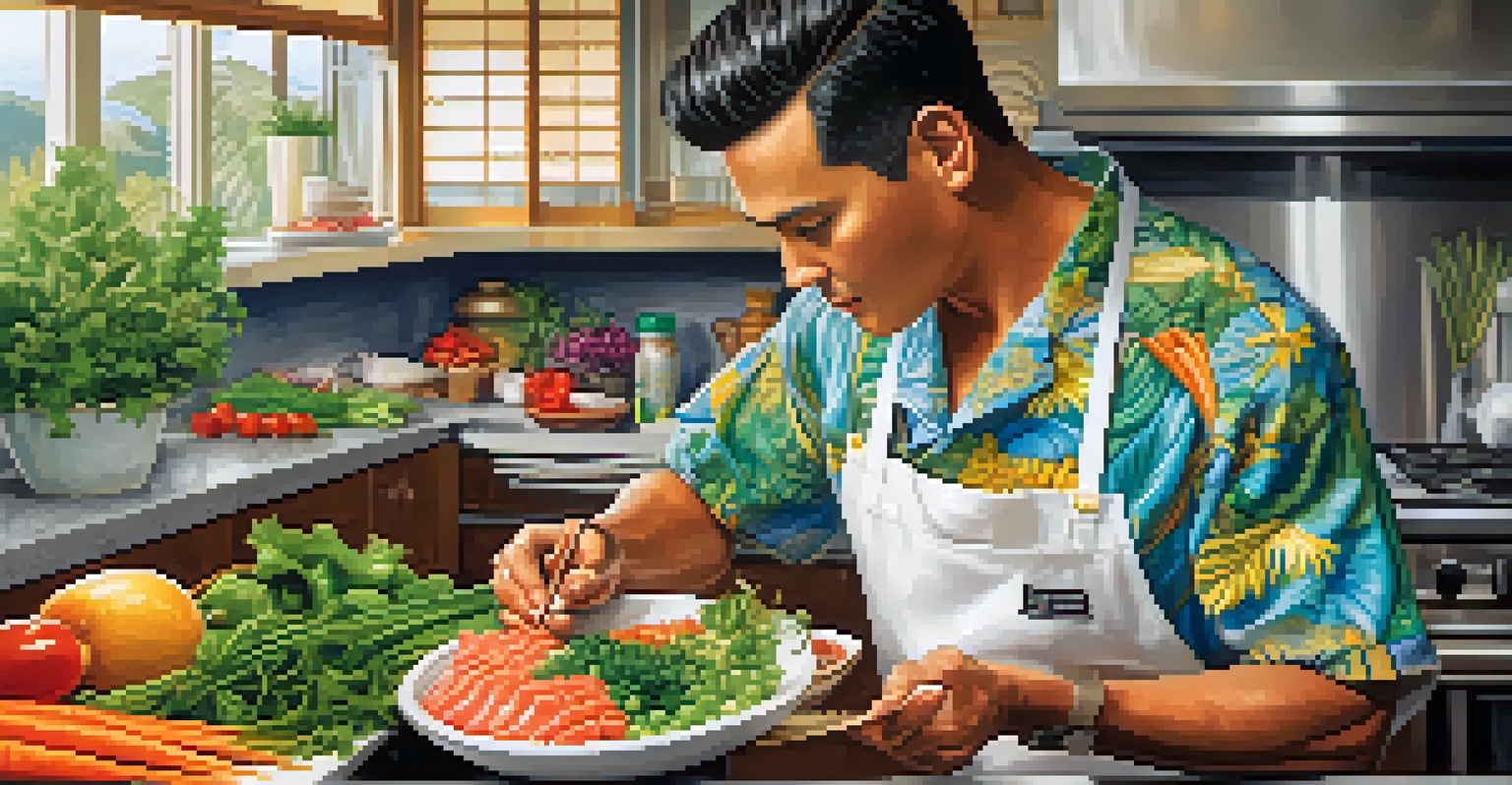 A chef preparing a poke bowl in a modern kitchen with fresh ingredients.