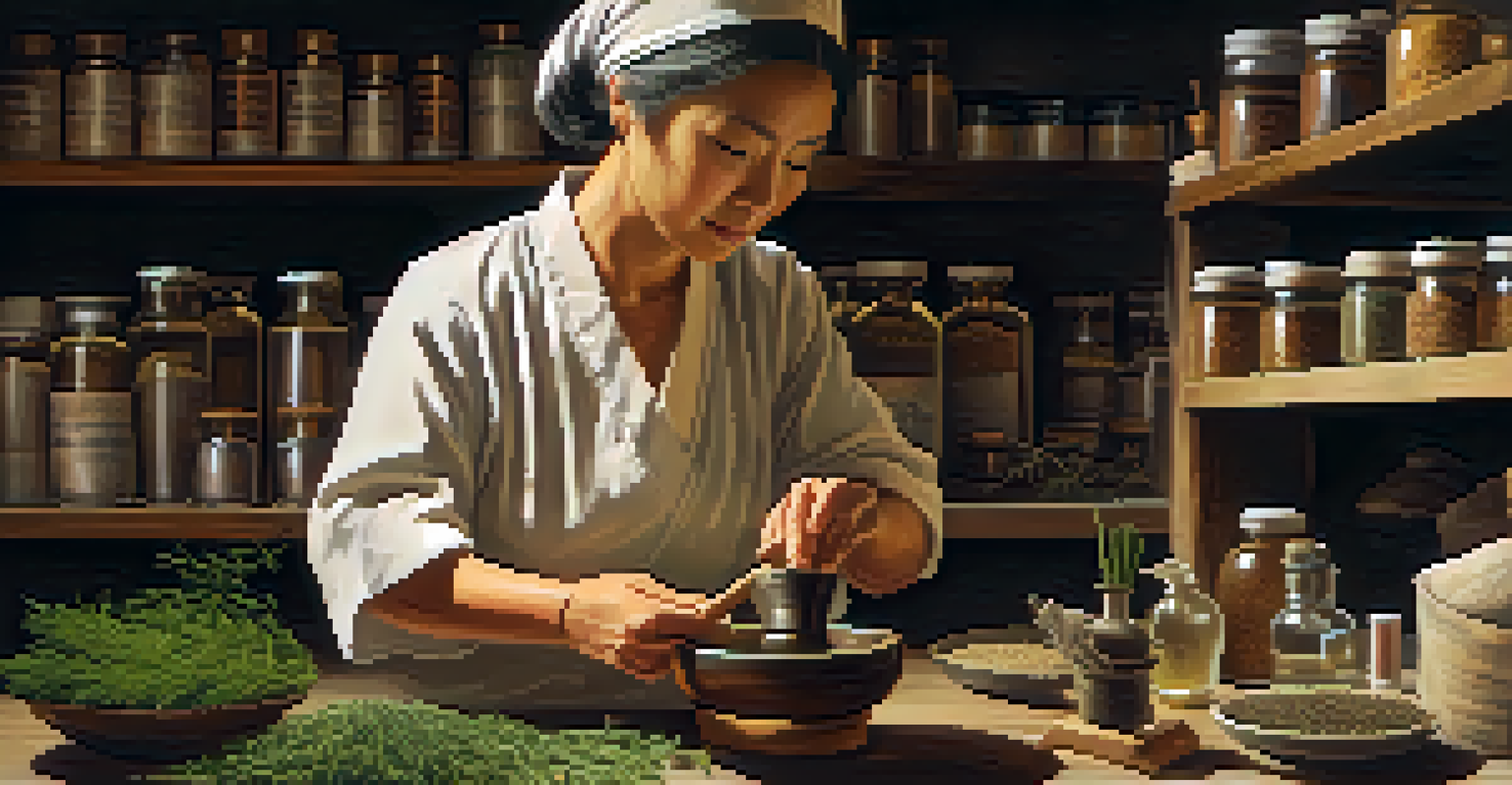 A TCM practitioner uses a mortar and pestle to prepare herbal medicine, with jars of raw ingredients in the background.