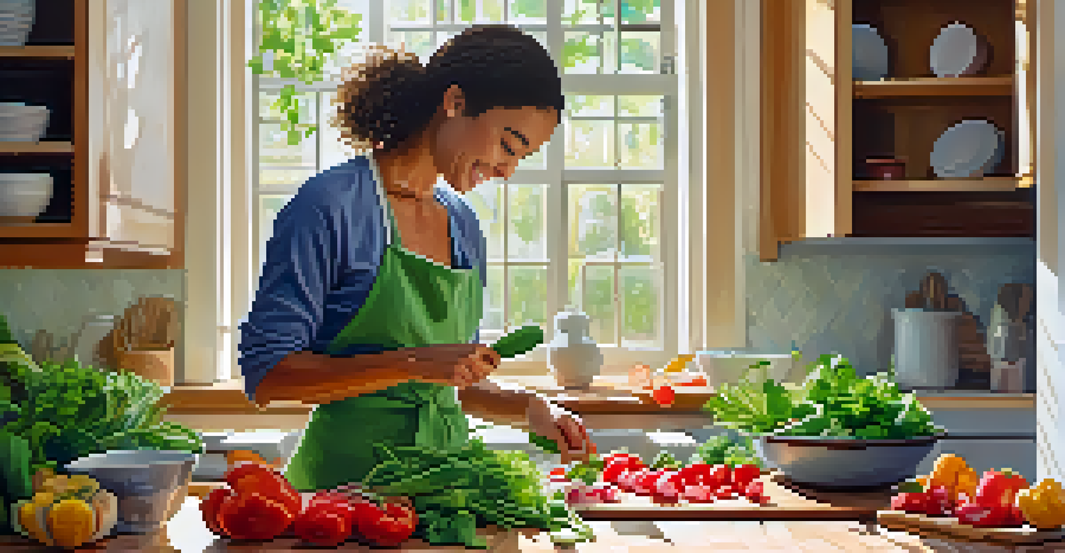 A person chopping colorful vegetables on a cutting board in a bright kitchen, preparing a raw salad.