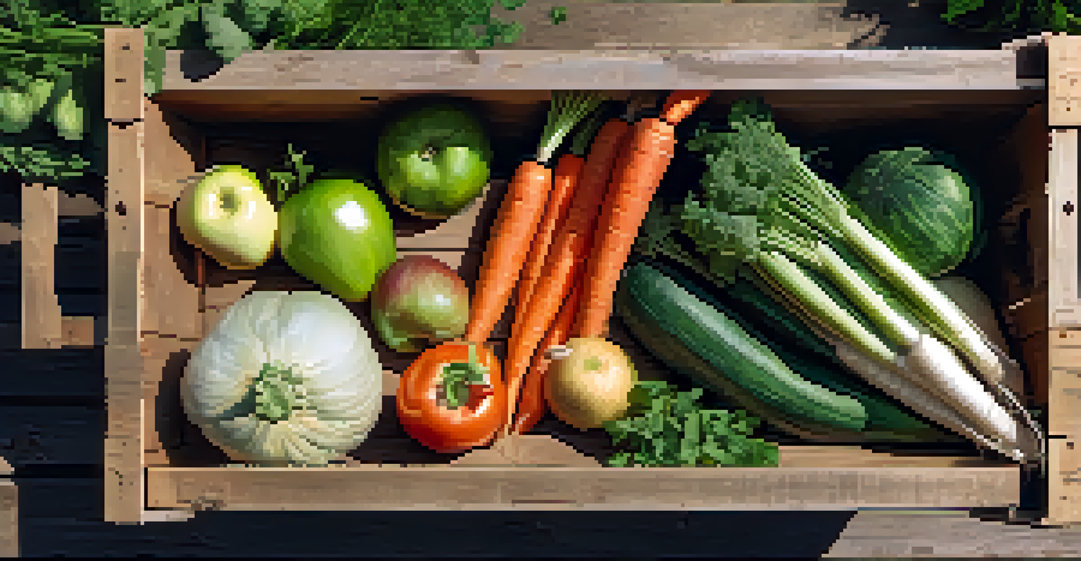 A CSA box filled with seasonal produce, placed on a rustic table surrounded by greenery.