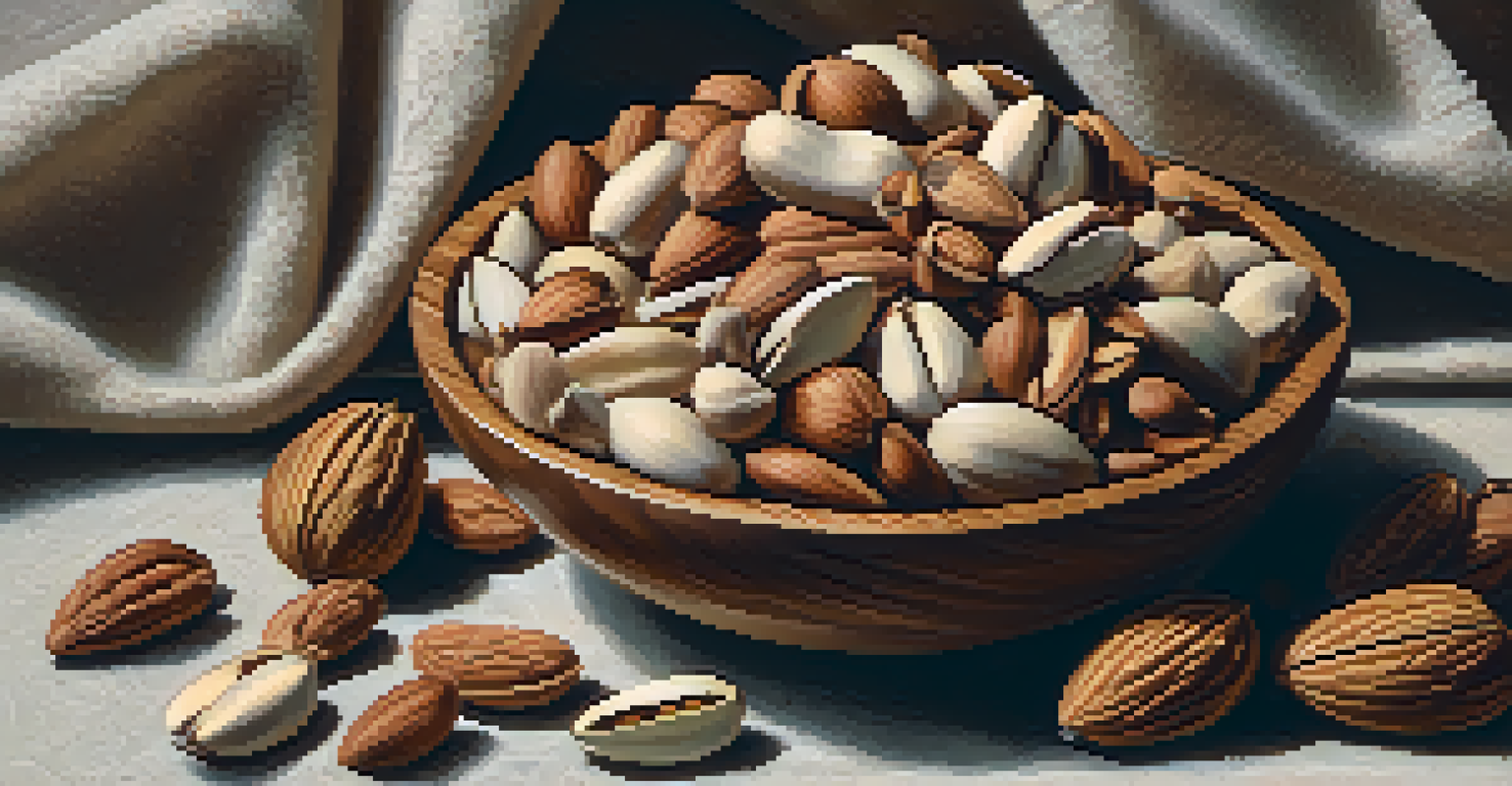 A wooden bowl filled with various nuts and seeds on a linen cloth, softly lit to highlight their textures and colors.