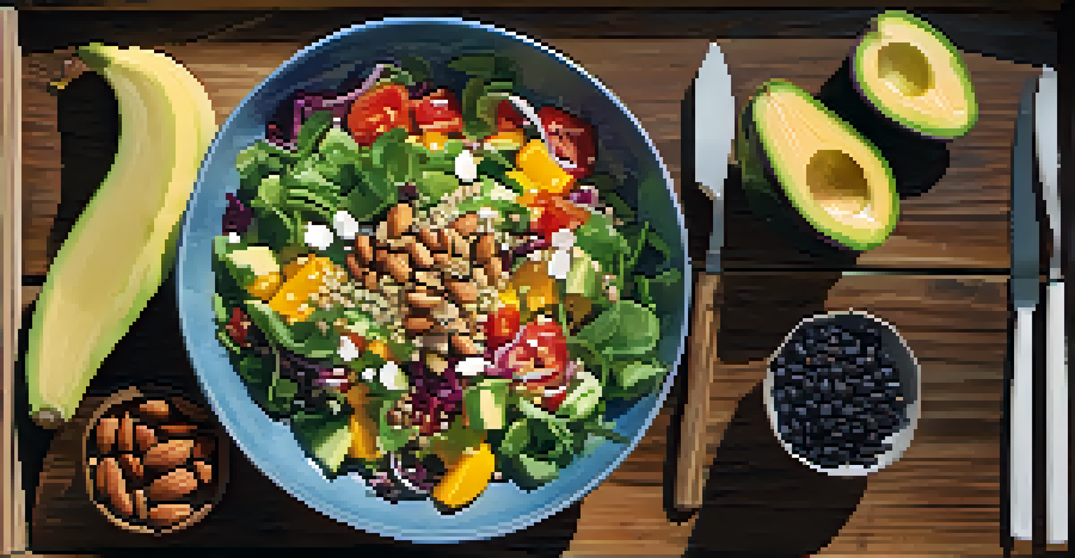 An overhead view of a vibrant raw salad in a rustic bowl on a wooden table, with seeds and nuts sprinkled on top.