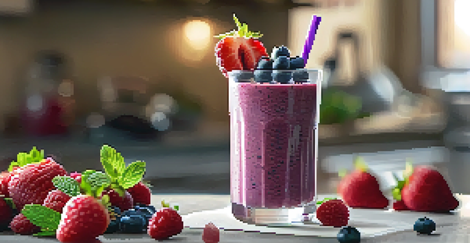 A clear glass filled with a mixed berry smoothie topped with chia seeds and a mint leaf, against a softly lit kitchen background.