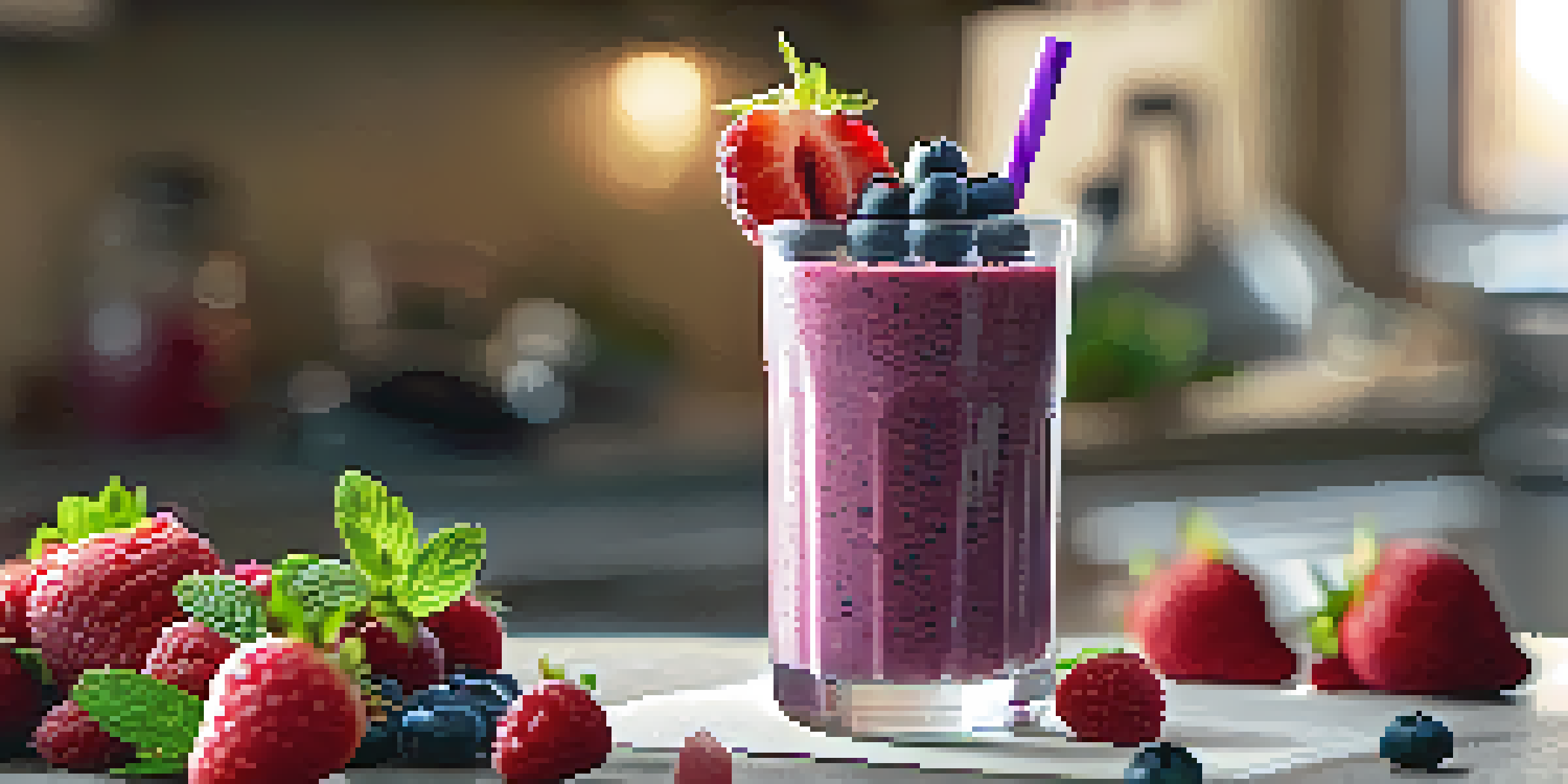 A clear glass filled with a mixed berry smoothie topped with chia seeds and a mint leaf, against a softly lit kitchen background.