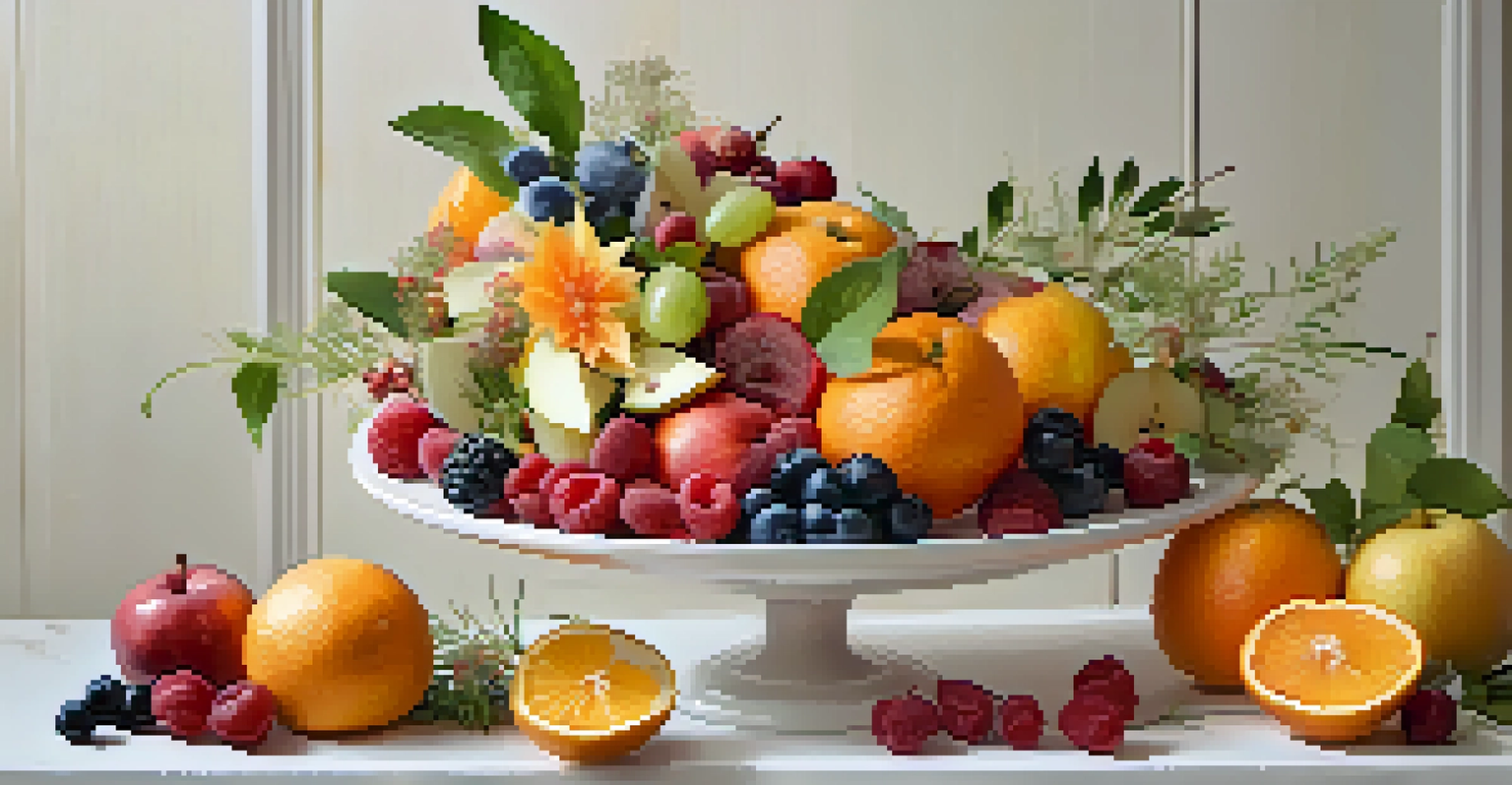 A white ceramic plate filled with sliced seasonal raw fruits including oranges, apples, and berries, decorated with edible flowers and herbs, on a light-colored wooden background.