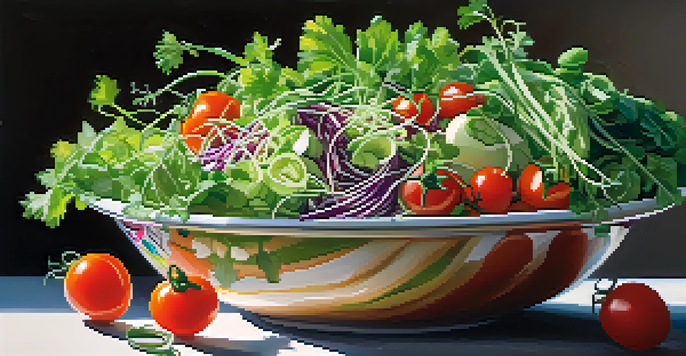 A salad bowl filled with colorful vegetables and sprouts, highlighting the freshness and variety of ingredients.