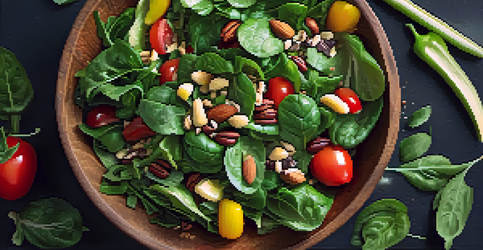 A colorful salad in a wooden bowl with leafy greens, nuts, seeds, and various vegetables.