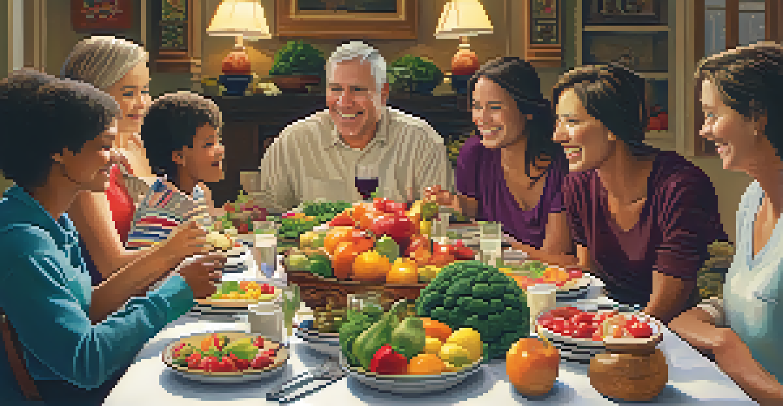 A family gathered around a dinner table filled with colorful fruit and vegetable dishes, sharing smiles and conversation.