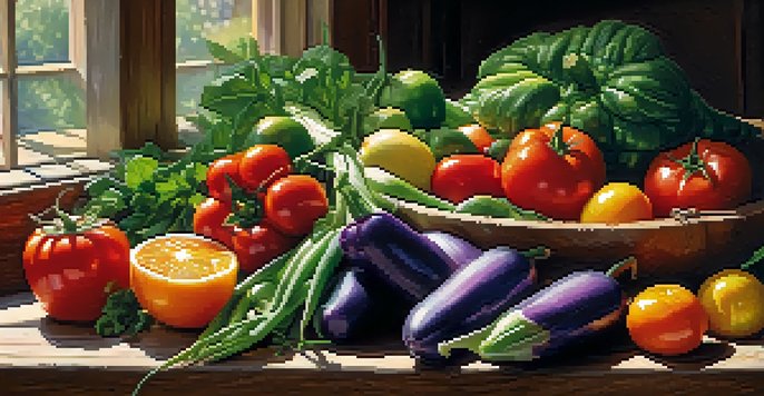 A colorful arrangement of fresh fruits and vegetables on a wooden table, including red tomatoes, orange carrots, yellow bell peppers, green spinach, and purple eggplants.