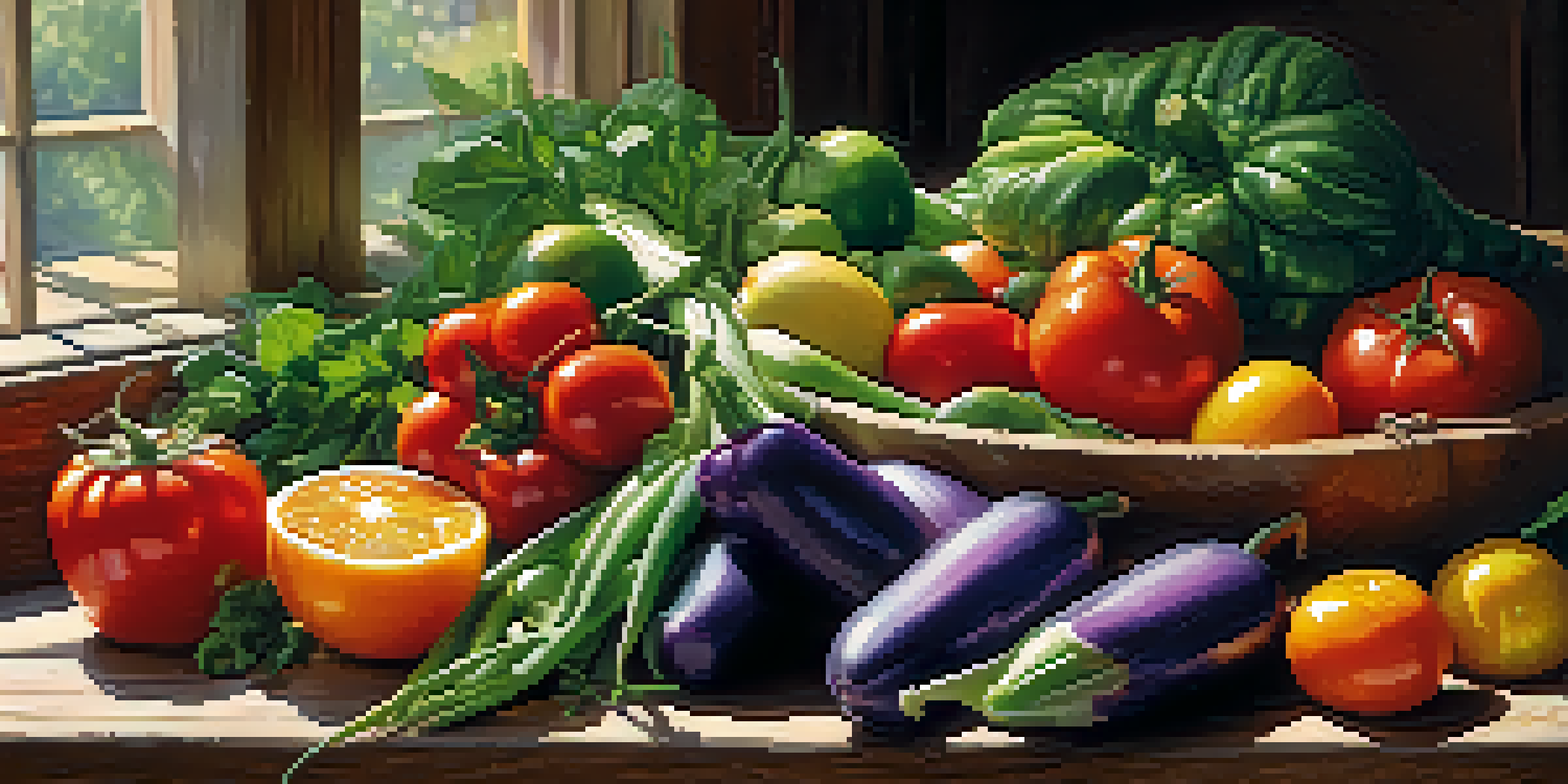 A colorful arrangement of fresh fruits and vegetables on a wooden table, including red tomatoes, orange carrots, yellow bell peppers, green spinach, and purple eggplants.