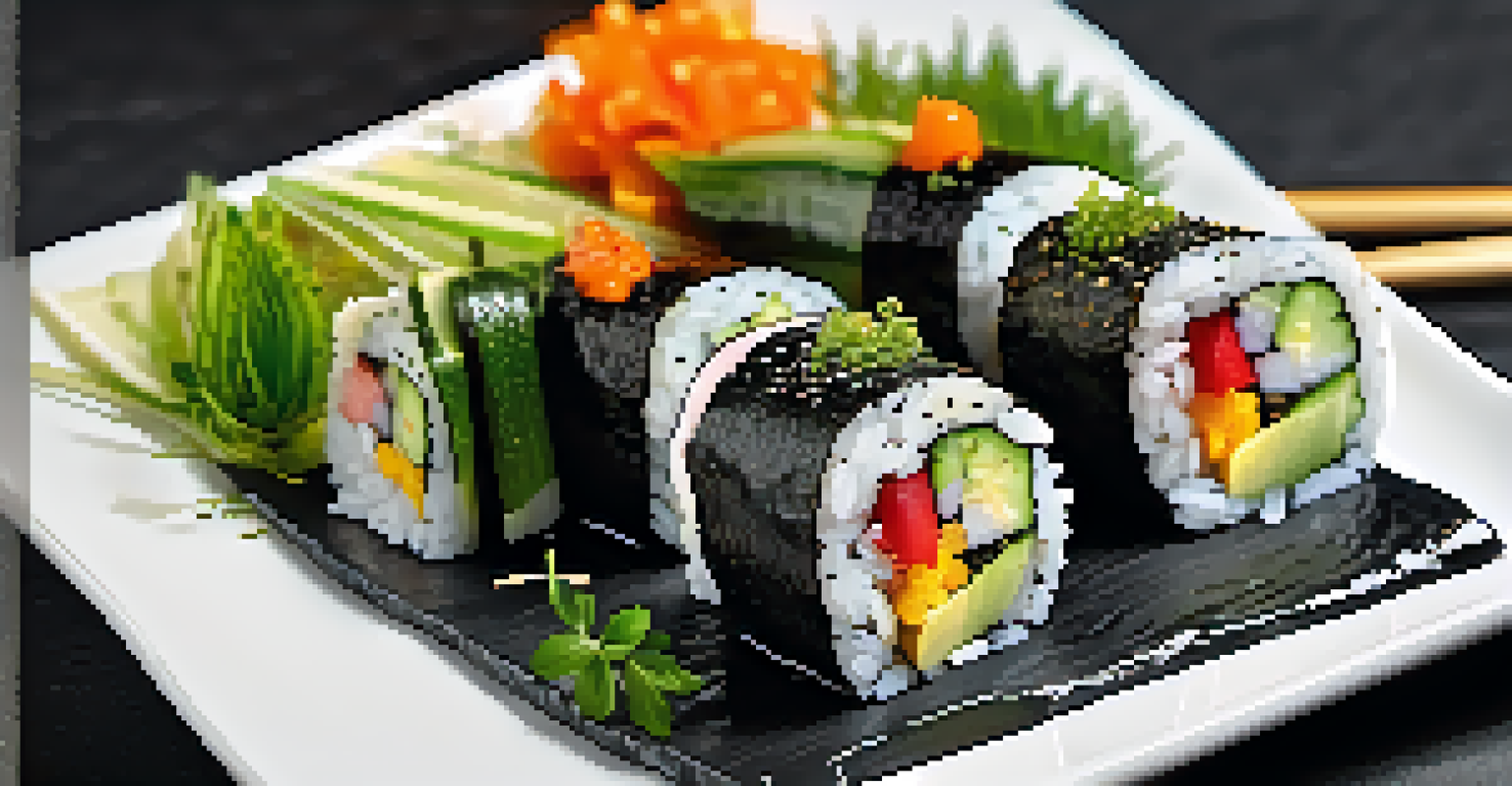 Vibrant raw sushi rolls with vegetables, served on a slate plate with dipping sauce and garnished with sesame seeds and microgreens.
