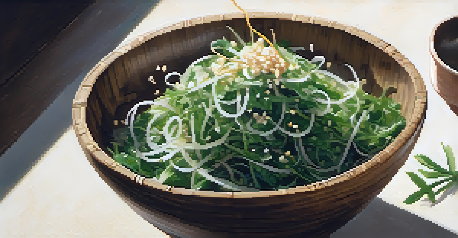 A close-up of a seaweed salad in a bamboo bowl, topped with sesame seeds and illuminated by soft light.