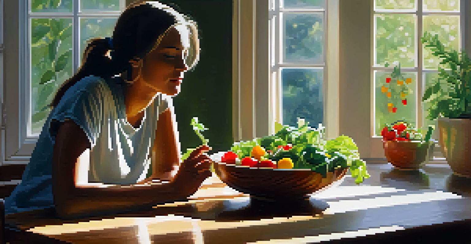 A person enjoying a raw salad at a wooden table, surrounded by soft sunlight and a peaceful atmosphere.