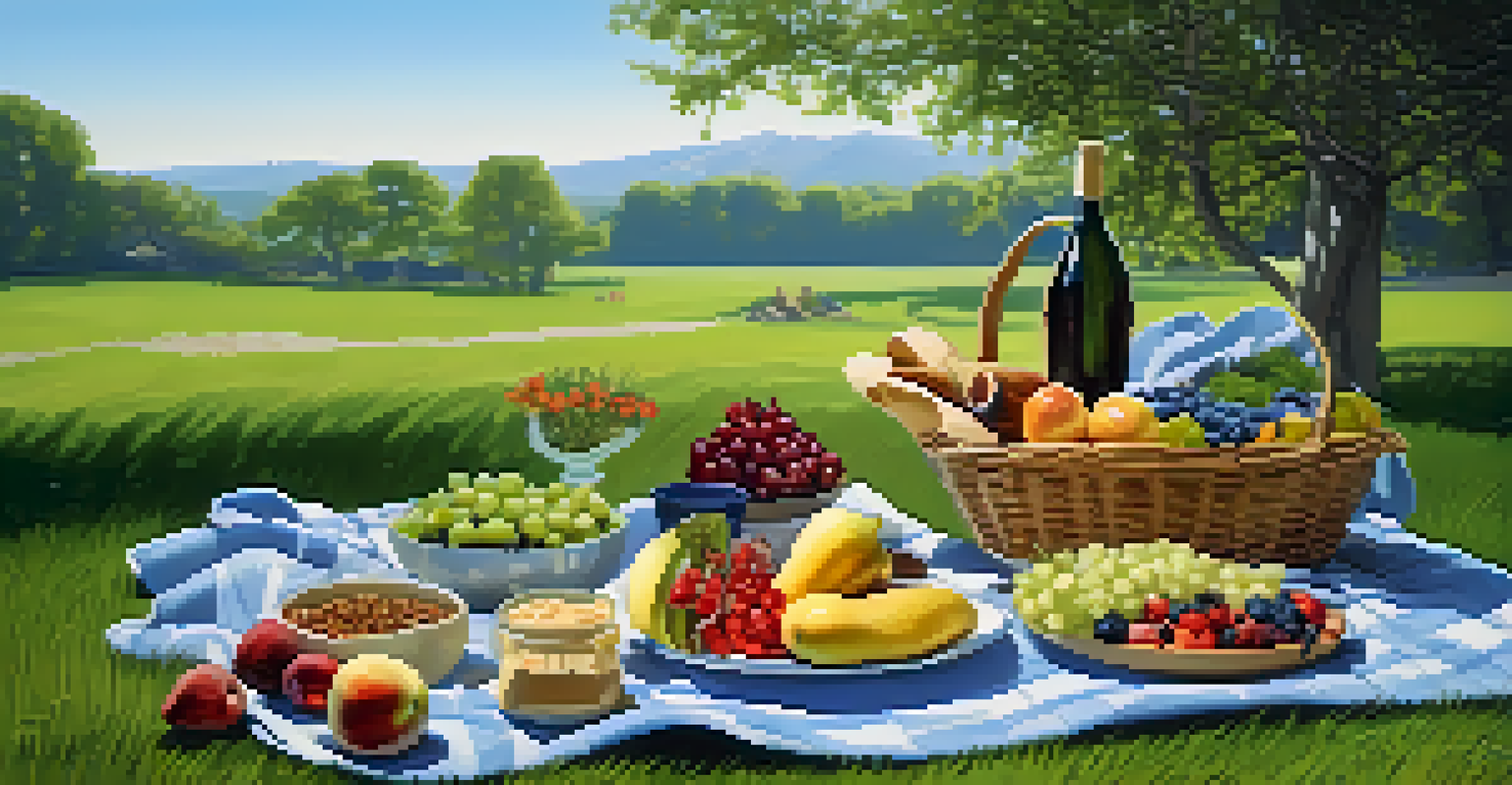 An outdoor picnic setup with a colorful raw food platter on a blanket, surrounded by green grass and wildflowers under a blue sky.