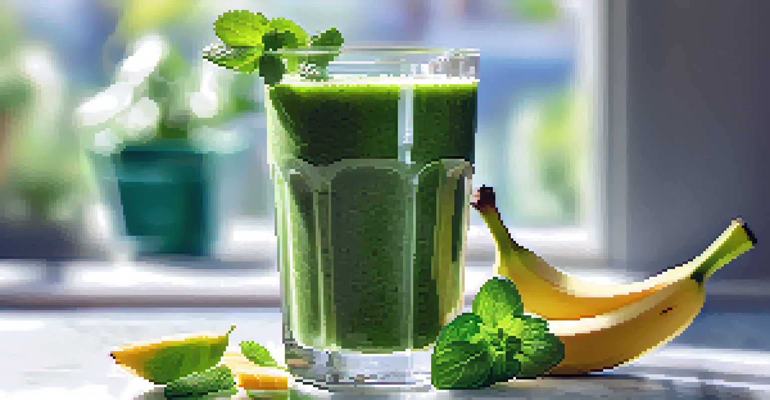 A green smoothie in a glass, garnished with mint leaves, on a marble countertop with fruits in the background.