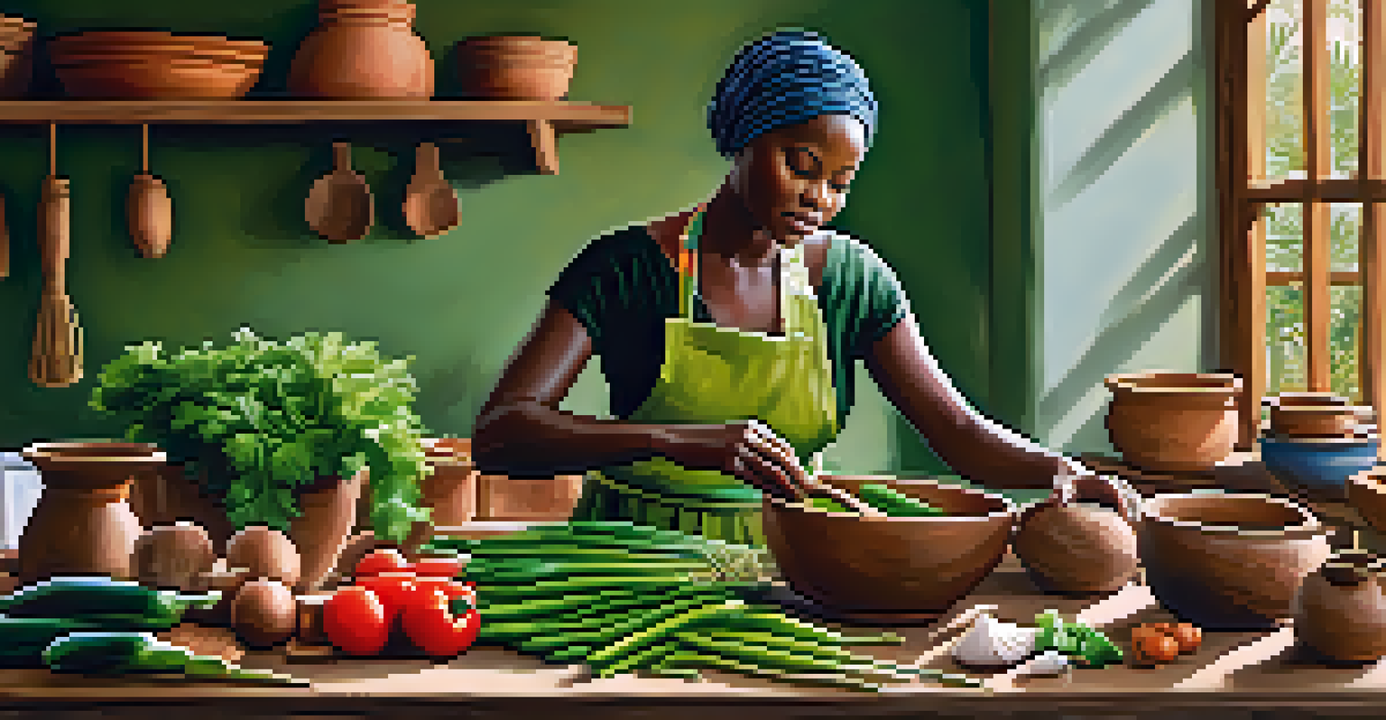 A woman preparing fresh vegetables in an African kitchen, with a focus on vibrant greens and natural light.