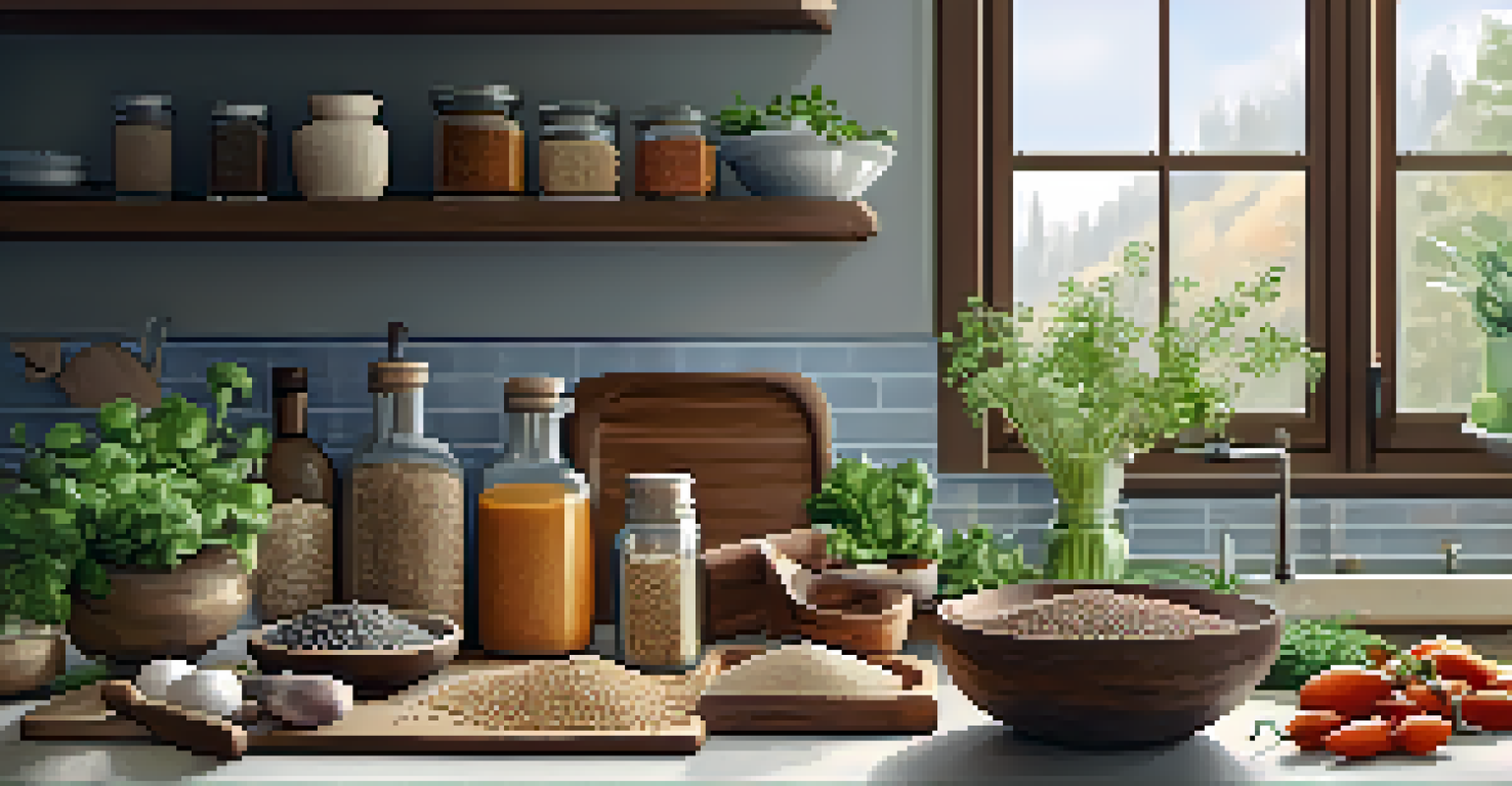 A kitchen countertop with whole foods like grains and seeds, an open cookbook, and a potted herb plant, conveying a cozy cooking environment.