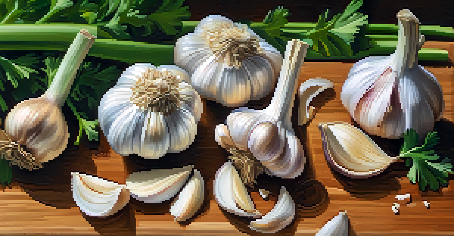 Raw garlic cloves on a wooden cutting board with parsley, illuminated by warm natural light.