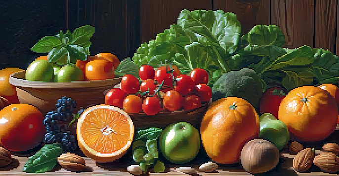 A colorful display of raw fruits and vegetables on a wooden table, showcasing oranges, greens, and tomatoes under natural light.