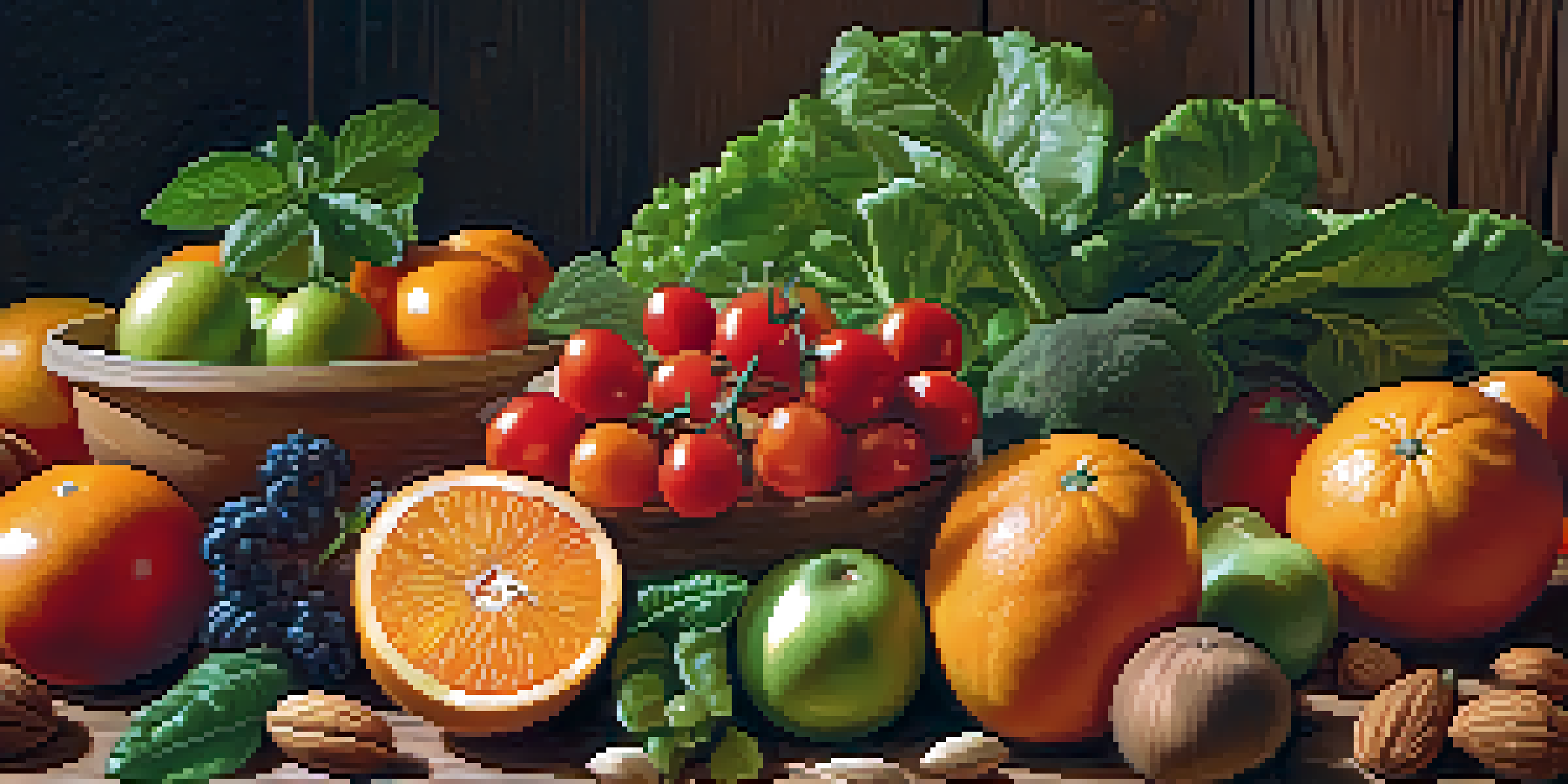 A colorful display of raw fruits and vegetables on a wooden table, showcasing oranges, greens, and tomatoes under natural light.