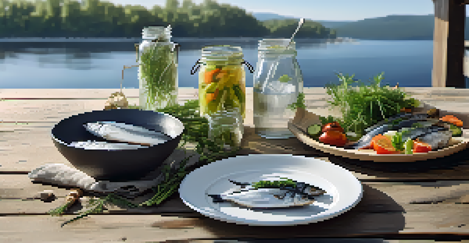 A rustic table with a Scandinavian meal of raw herring, pickled vegetables, and herbs, highlighted by natural light.