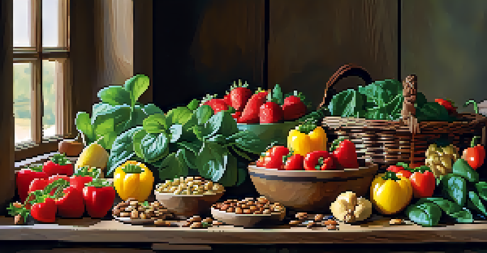 A colorful display of fresh raw fruits and vegetables on a wooden table, illuminated by soft sunlight.