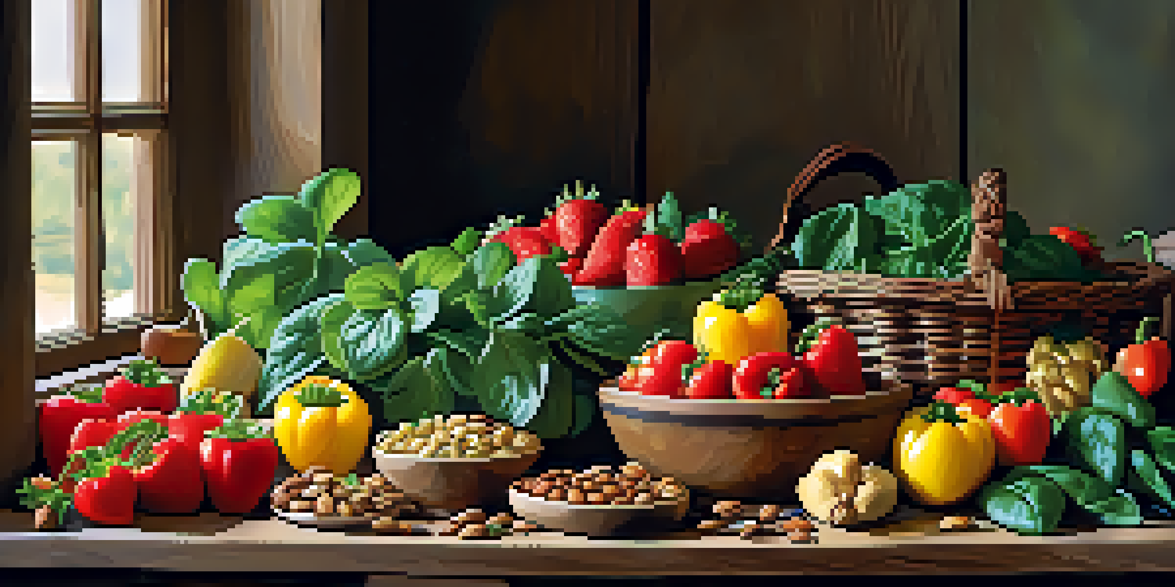 A colorful display of fresh raw fruits and vegetables on a wooden table, illuminated by soft sunlight.