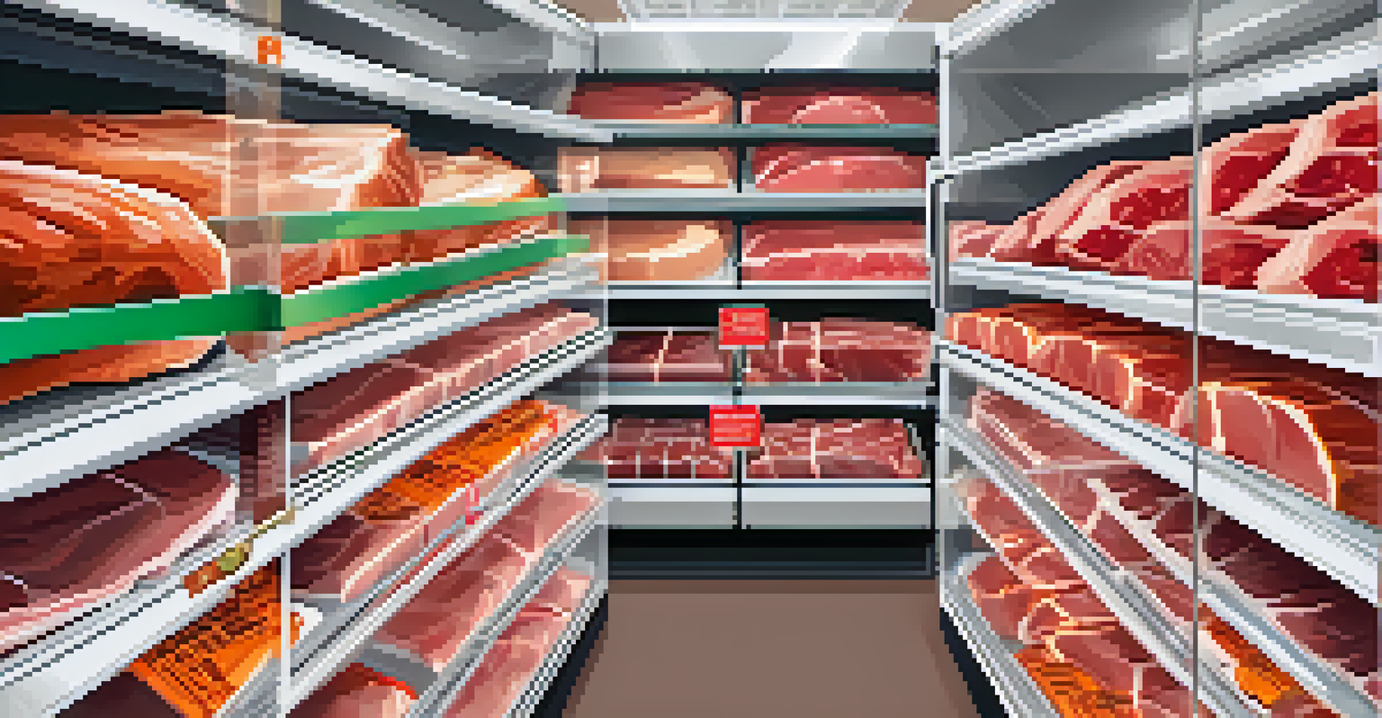 A refrigerator showcasing neatly arranged packages of fresh meat, including beef and chicken, with clear labels for freshness.