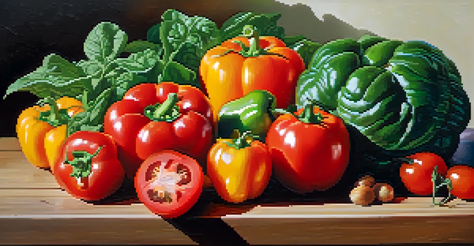 A still life of fresh raw fruits and vegetables including tomatoes, spinach, and bell peppers on a wooden table, illuminated by soft natural light.