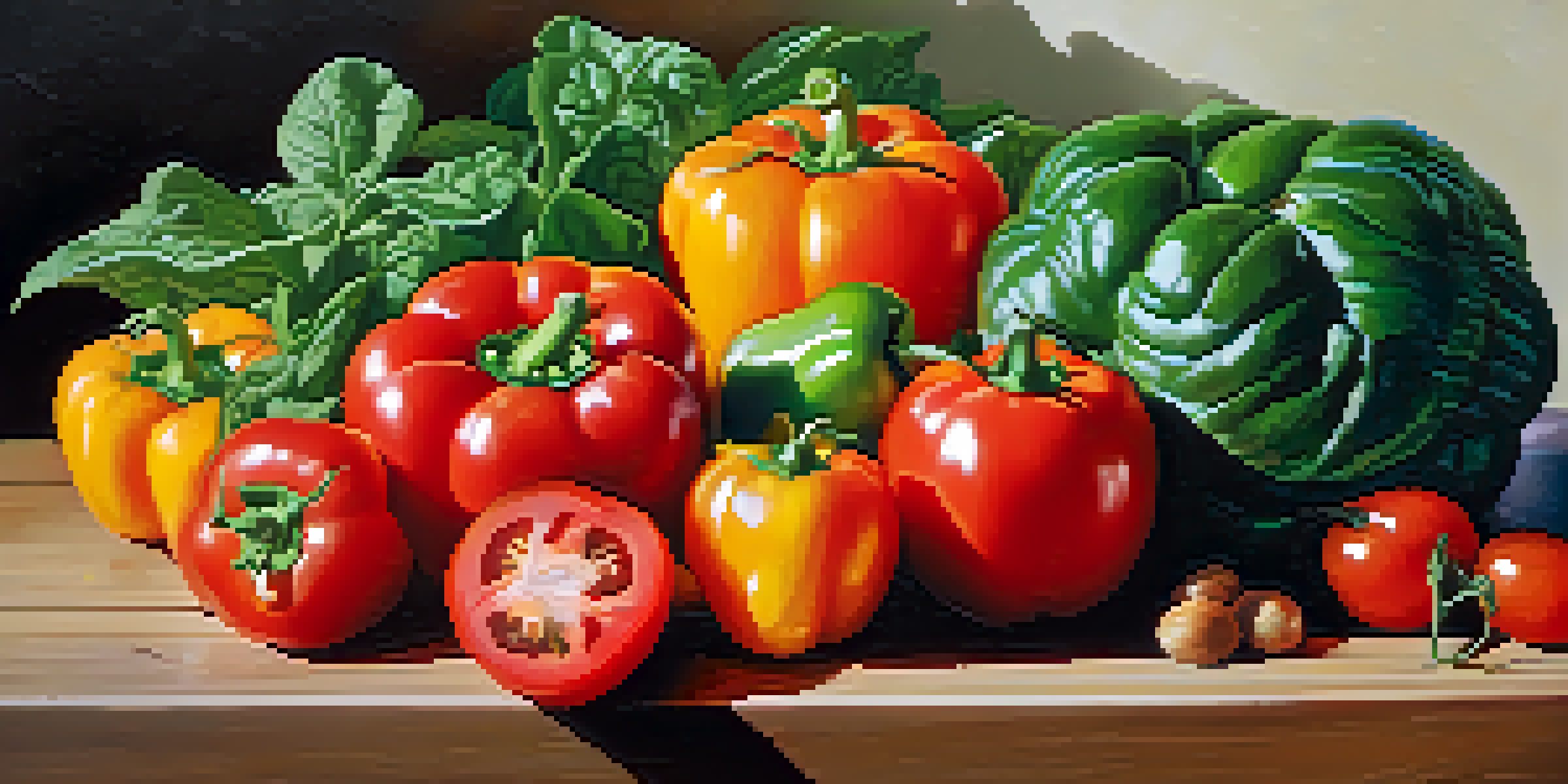 A still life of fresh raw fruits and vegetables including tomatoes, spinach, and bell peppers on a wooden table, illuminated by soft natural light.