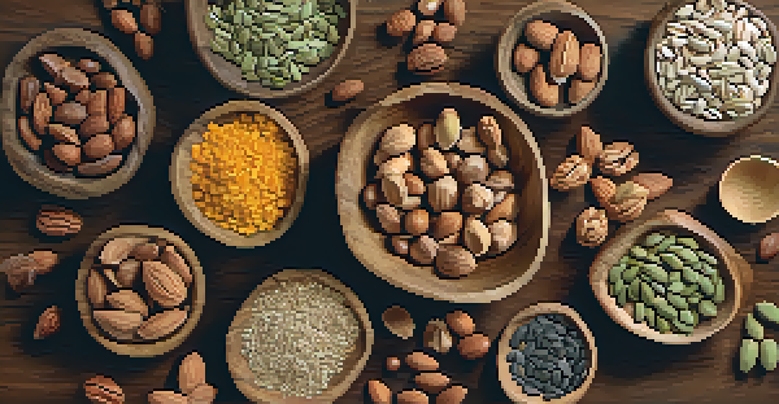 Various raw nuts and seeds in small wooden bowls on a wooden table, featuring walnuts, almonds, and sunflower seeds, with warm lighting.