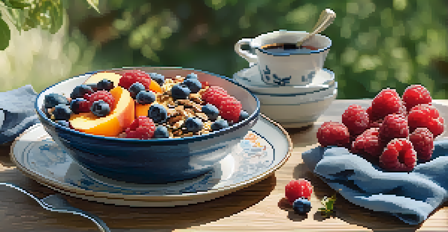 A sunlit breakfast bowl filled with mixed berries and granola, set on a wooden table surrounded by fresh summer fruits.