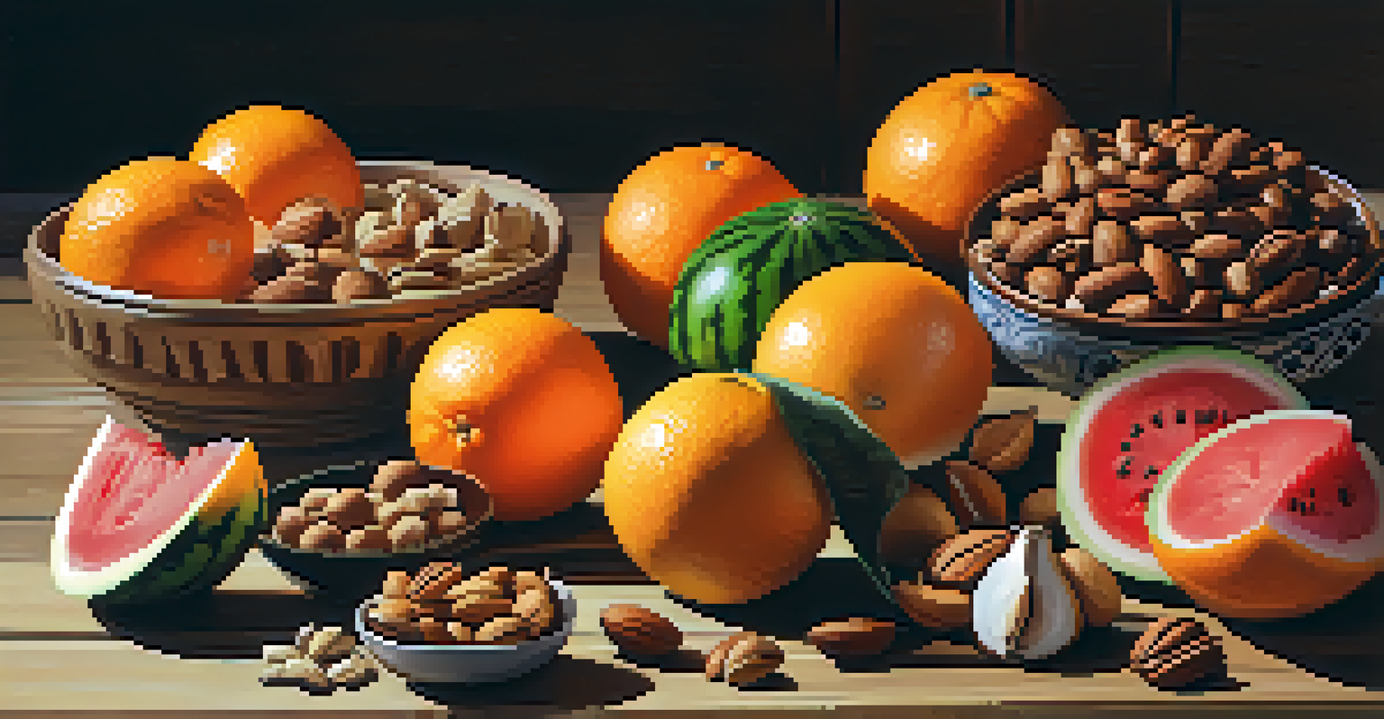 A flat lay of raw foods including oranges, watermelon, and nuts, arranged on a wooden table, highlighting their vibrant colors and natural textures in soft natural light.