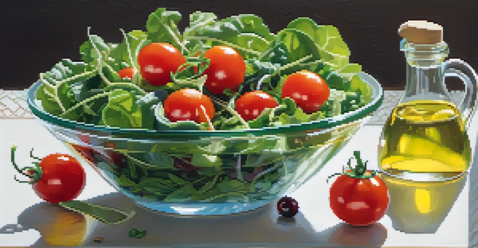 A fresh salad with leafy greens, cherry tomatoes, and olive oil in a clear glass bowl, illuminated by bright natural light.