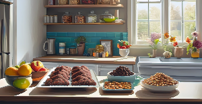 A colorful assortment of no-bake raw snacks displayed on a kitchen countertop, including energy balls and chocolate bars, with natural sunlight illuminating the scene.