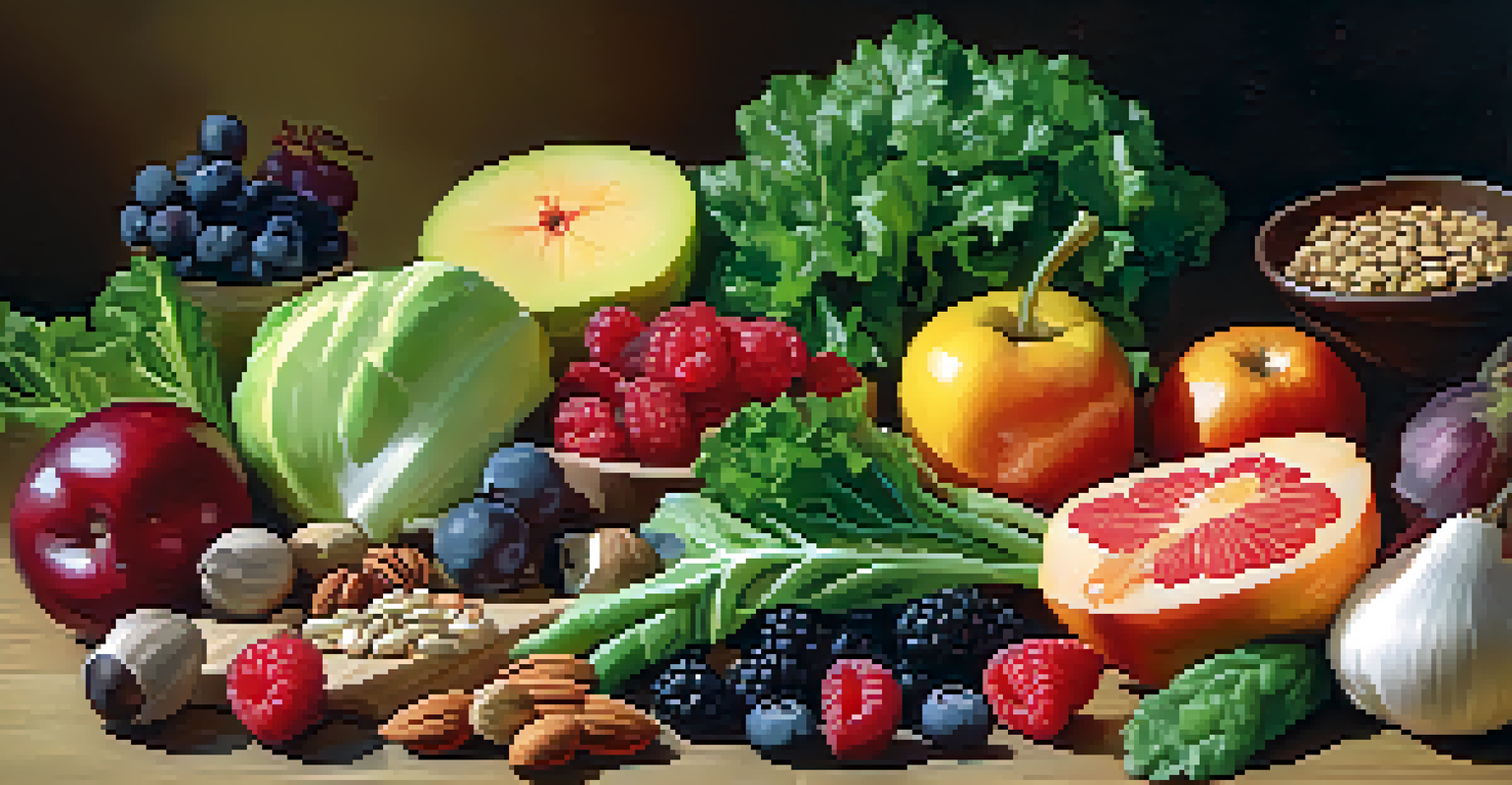 An assortment of raw foods including leafy greens, berries, nuts, and seeds arranged on a wooden cutting board.