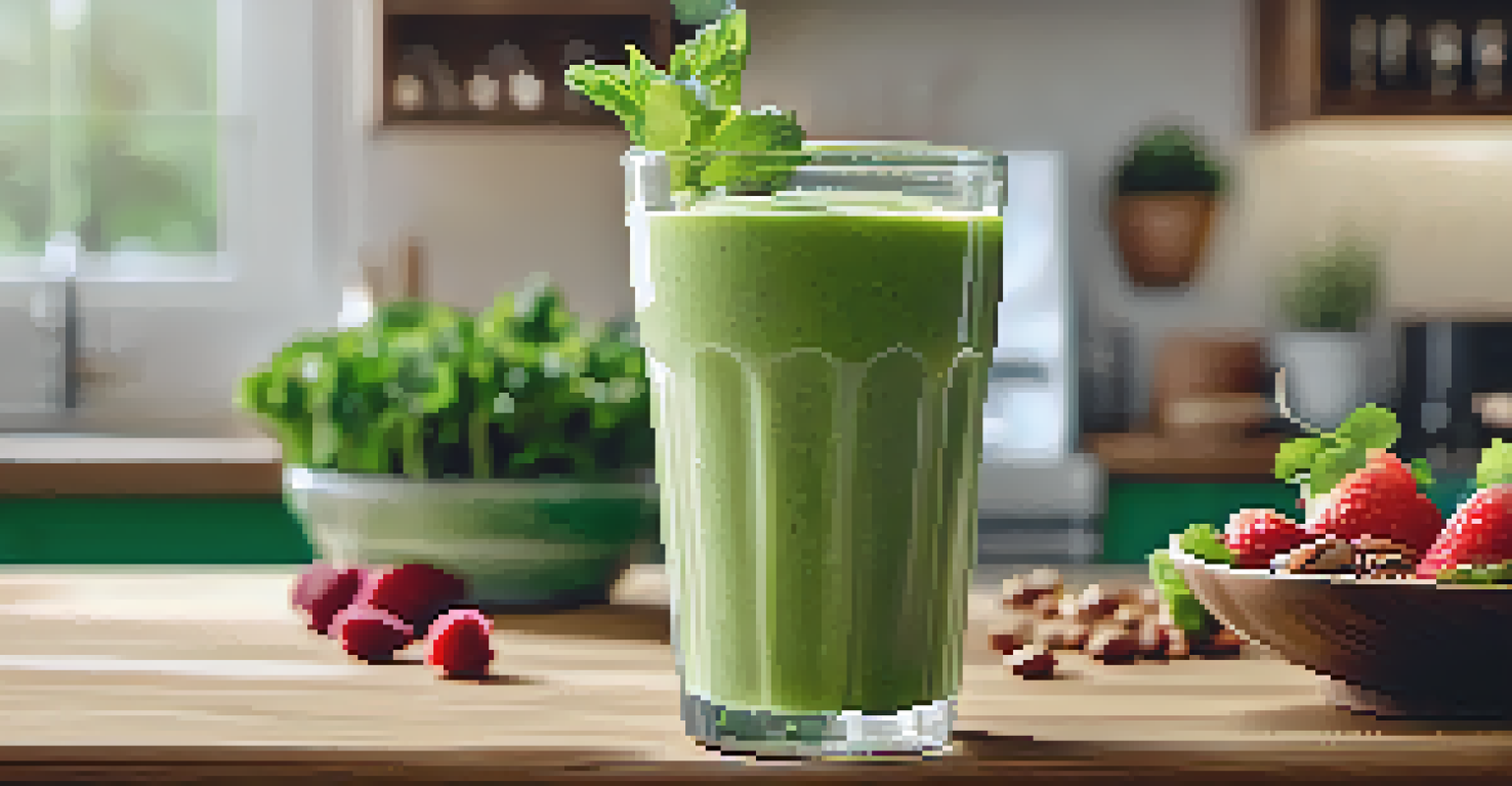 A close-up view of a green smoothie blended with fruits and leafy greens, served in a glass with a straw, set in a cozy kitchen environment.