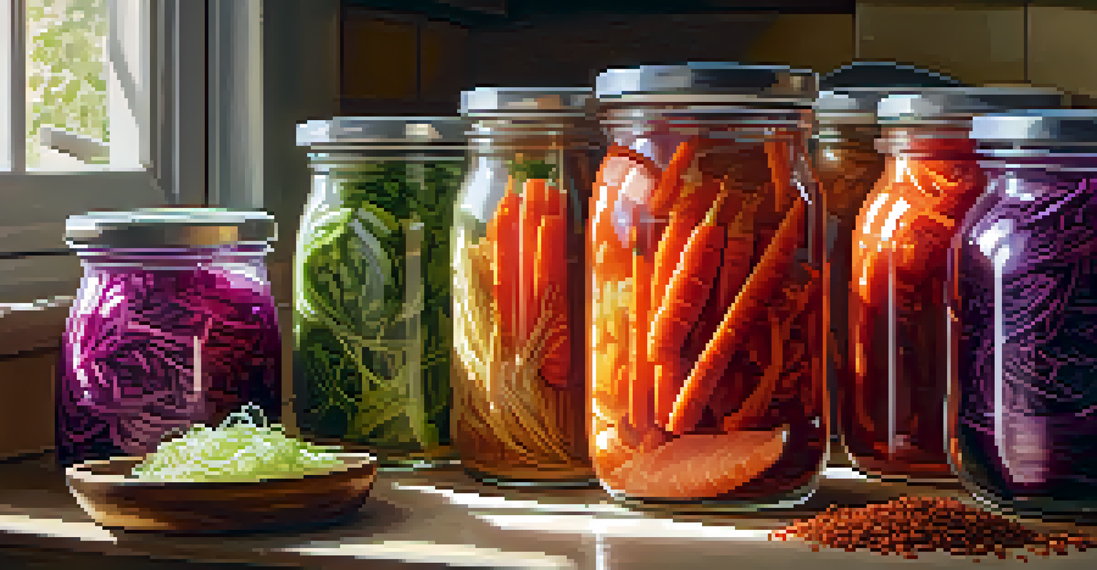 Glass jars filled with colorful fermented vegetables like kimchi and sauerkraut on a kitchen countertop, illuminated by natural light.