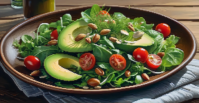 A colorful mixed greens salad with avocado, cherry tomatoes, nuts, and seeds on a wooden table, illuminated by soft sunlight.