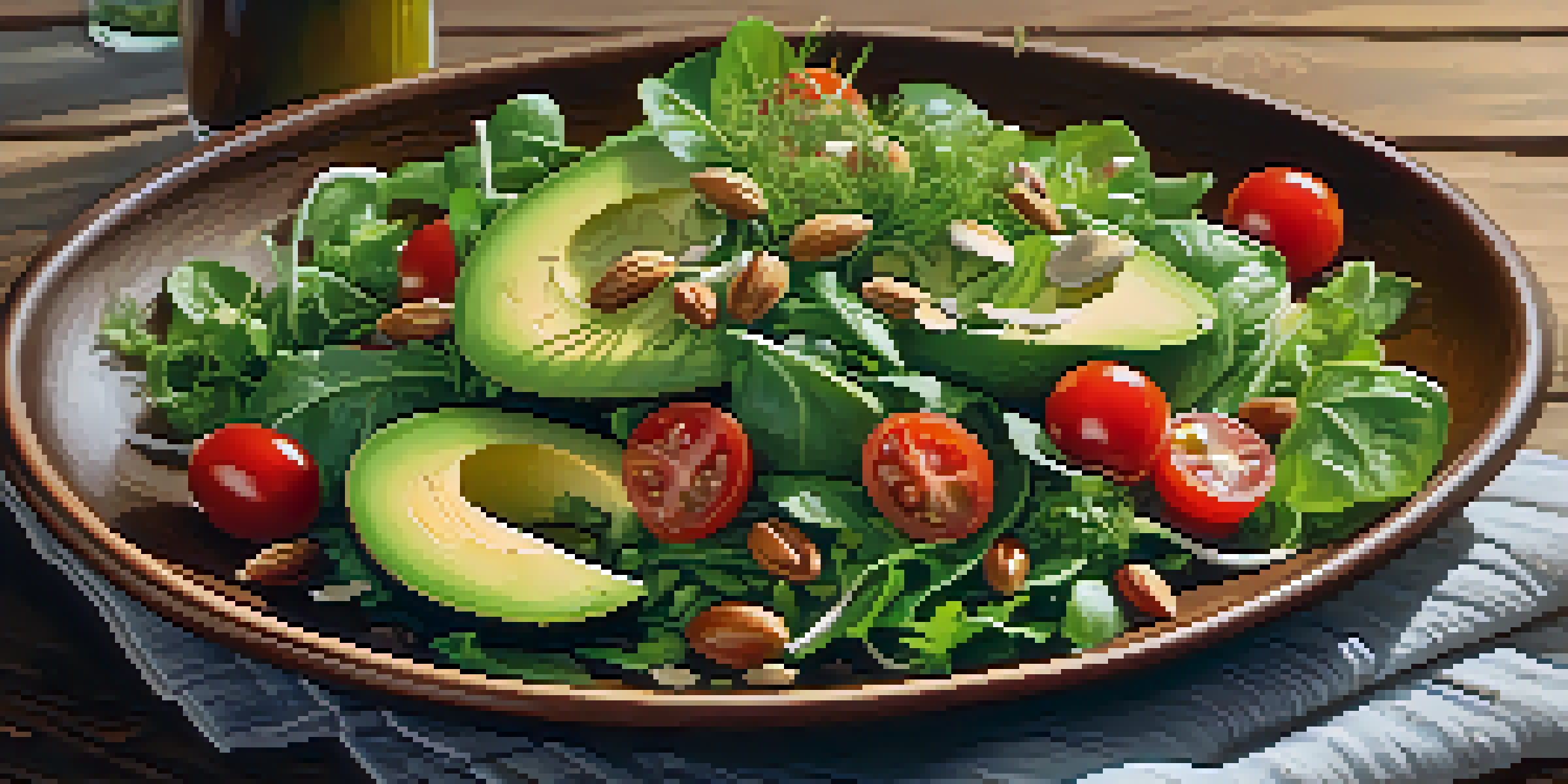 A colorful mixed greens salad with avocado, cherry tomatoes, nuts, and seeds on a wooden table, illuminated by soft sunlight.