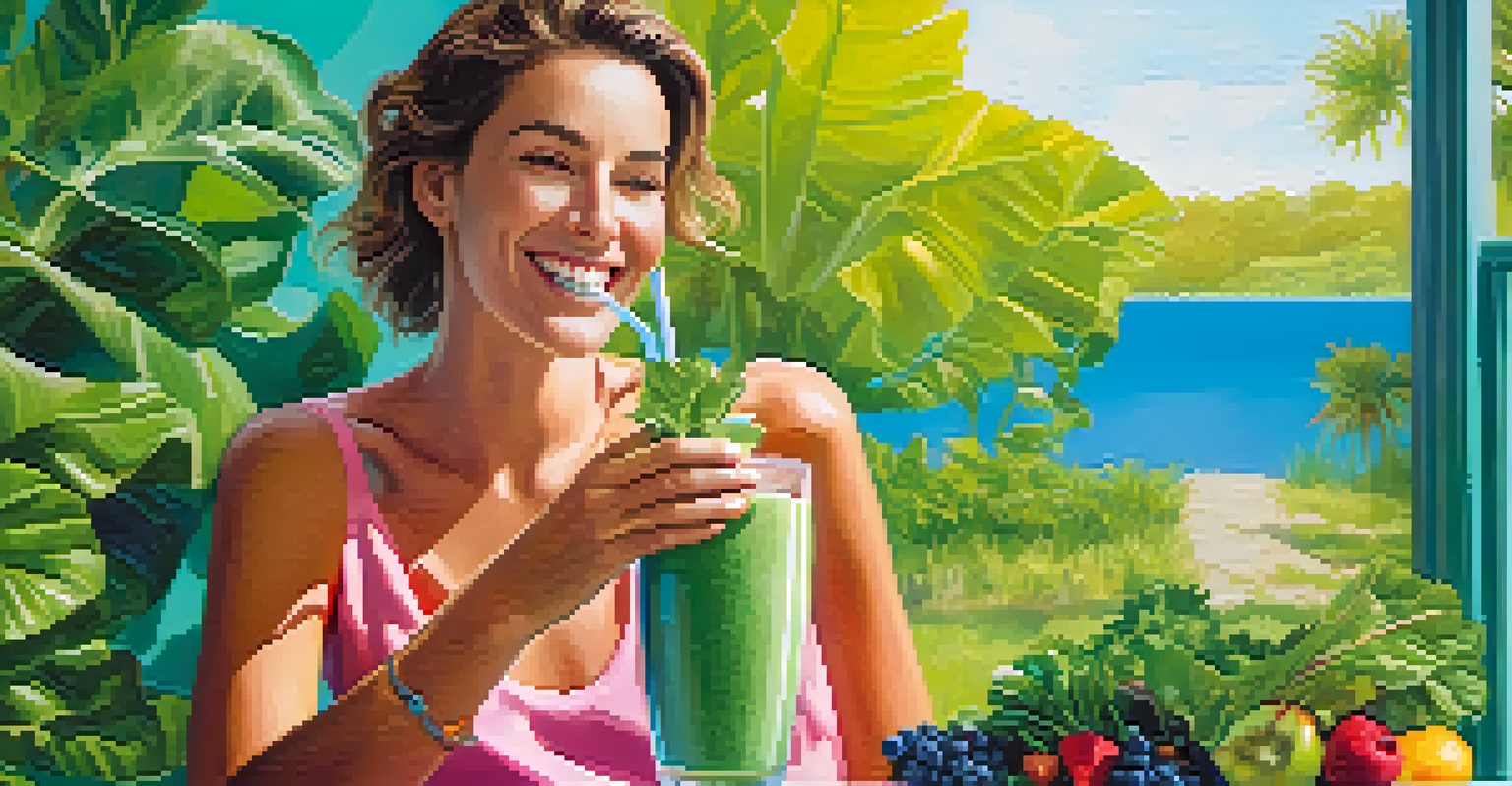 A person enjoying a colorful raw food smoothie outdoors, surrounded by green plants and a blue sky.