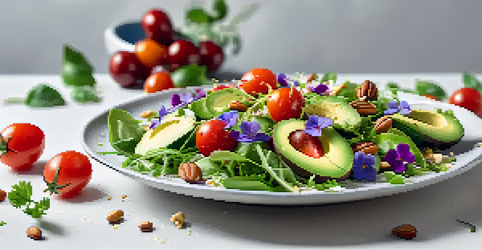 A colorful raw salad with greens, avocados, and cherry tomatoes, garnished with edible flowers on a white background.